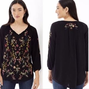 J. Jill Black Multicolor Embroidered Floral Boho 3/4 Sleeve Tassel Tie Top- XL